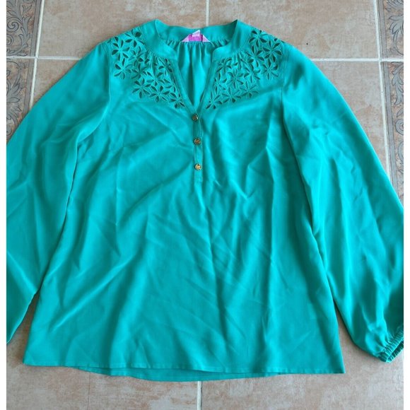 Lilly Pulitzer detail Eyelet on the chest Silk long sleeve Blouse XS‎ - Picture 1 of 10